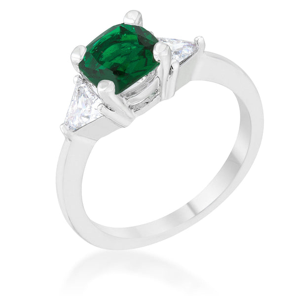 LOVCIA Elegant Shonda Emerald CZ Cushion Cut Statement Ring - 1.8ct Rhodium Finish