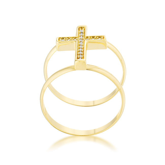 LOVCIA Elegant Divine Faith 0.08ct CZ 14k Gold Modern Cross Ring