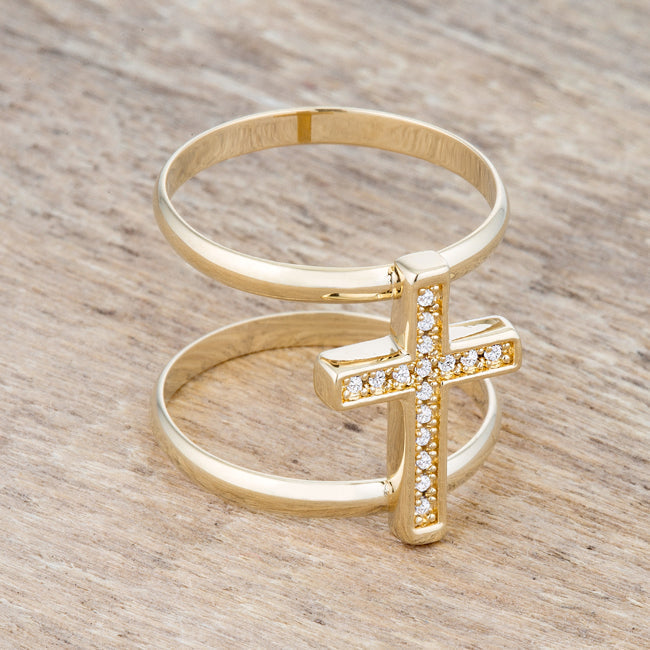 LOVCIA Elegant Divine Faith 0.08ct CZ 14k Gold Modern Cross Ring