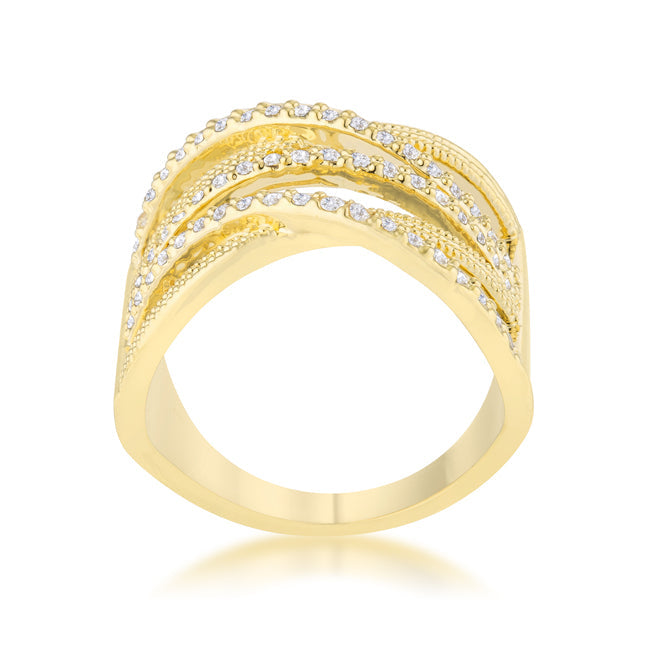 LOVCIA Signature Chic 14k Gold Wide Cocktail Ring with 0.57ct CZ and Woven Cable Design