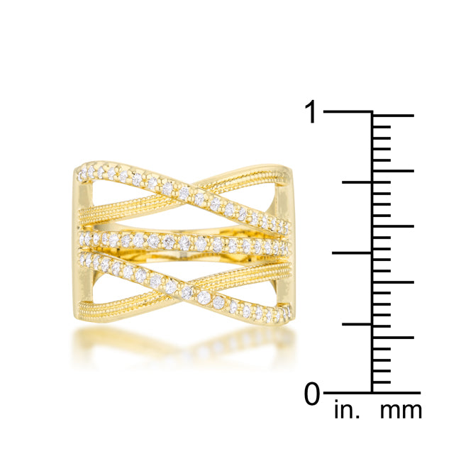 LOVCIA Signature Chic 14k Gold Wide Cocktail Ring with 0.57ct CZ and Woven Cable Design