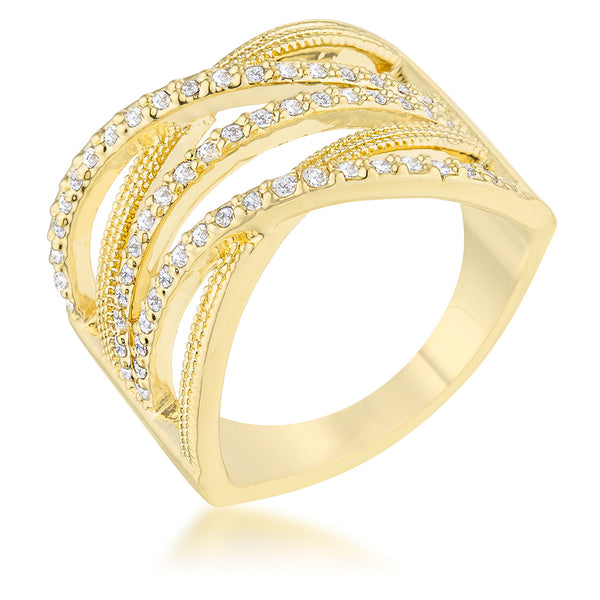 LOVCIA Signature Chic 14k Gold Wide Cocktail Ring with 0.57ct CZ and Woven Cable Design