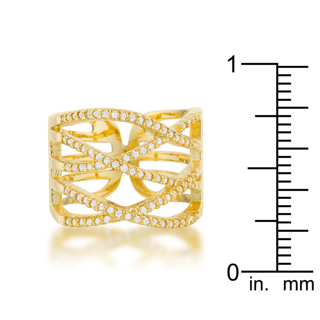 LOVCIA Elegant 14k Gold Criss Cross CZ Cocktail Ring with Pave Setting