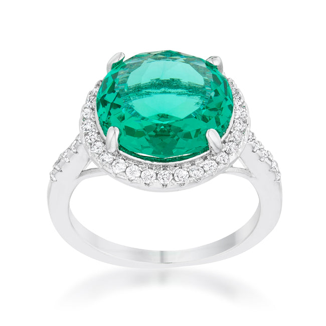 LOVCIA Elegant Rhodium Ring with 7.3ct Blue Green CZ and Pave Set Stones