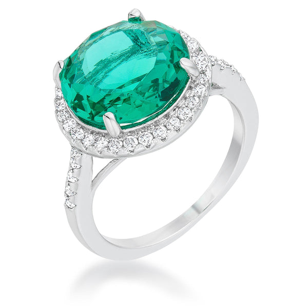 LOVCIA Elegant Rhodium Ring with 7.3ct Blue Green CZ and Pave Set Stones