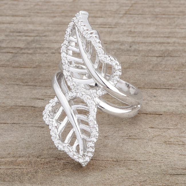 LOVCIA Lina Leaf-Shaped Pave CZ Wrap Ring in Rhodium