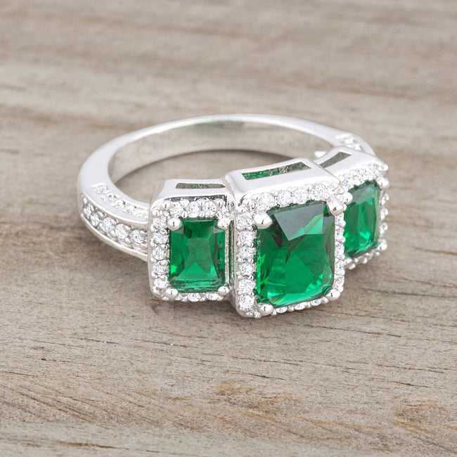 LOVCIA Elegant 2.3ct Emerald CZ Rhodium Trio Cocktail Ring