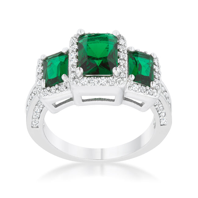 LOVCIA Elegant 2.3ct Emerald CZ Rhodium Trio Cocktail Ring