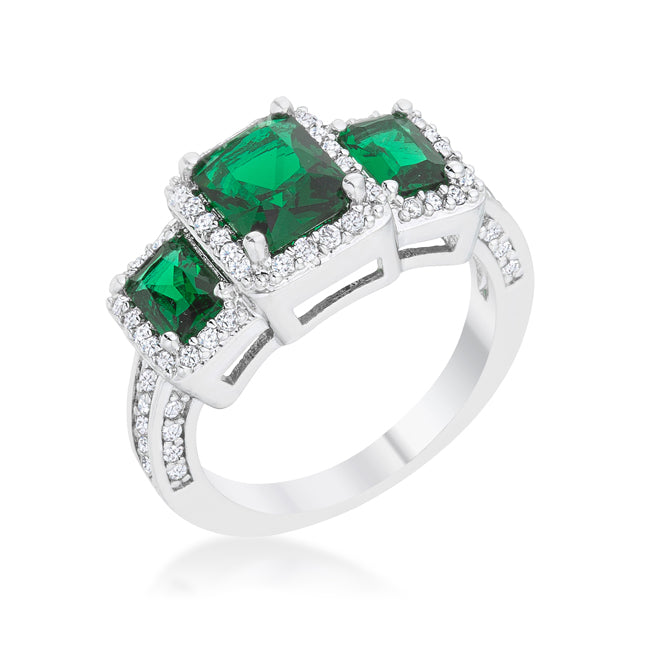 LOVCIA Elegant 2.3ct Emerald CZ Rhodium Trio Cocktail Ring