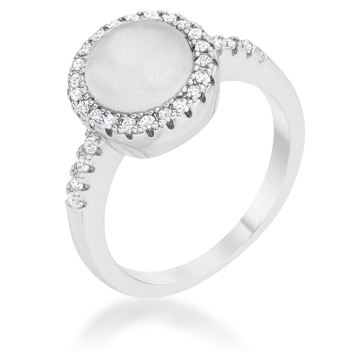 LOVCIA Elegant Rhodium Ring with 0.3ct CZ White Cats Eye Stone