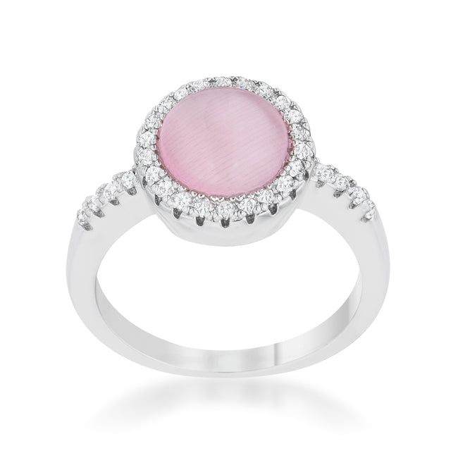 LOVCIA Delicate Rhodium Plated Pink Cat's Eye Ring with Pave Set Stones