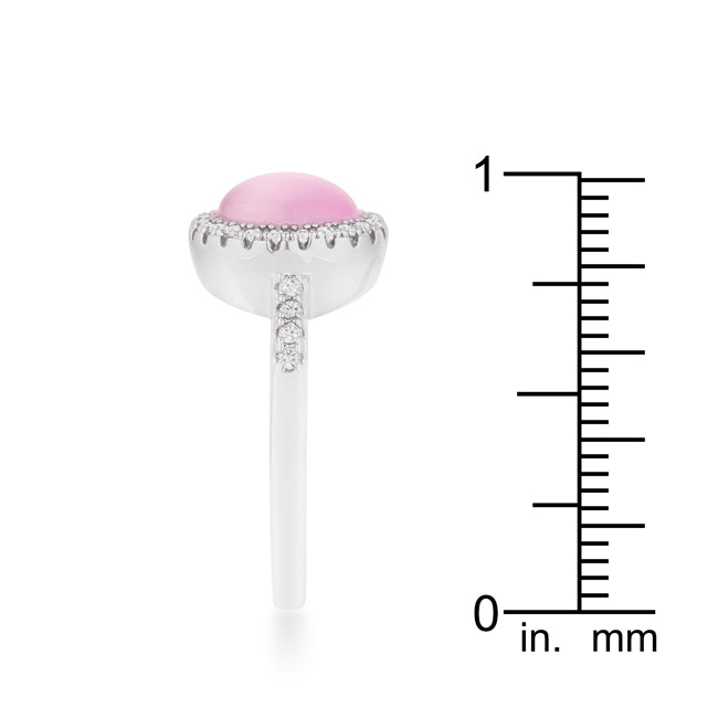 LOVCIA Delicate Rhodium Plated Pink Cat's Eye Ring with Pave Set Stones