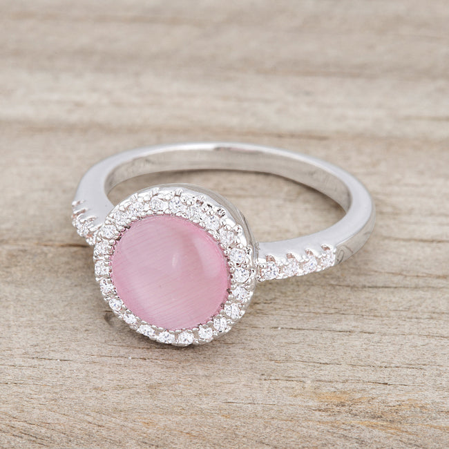 LOVCIA Delicate Rhodium Plated Pink Cat's Eye Ring with Pave Set Stones