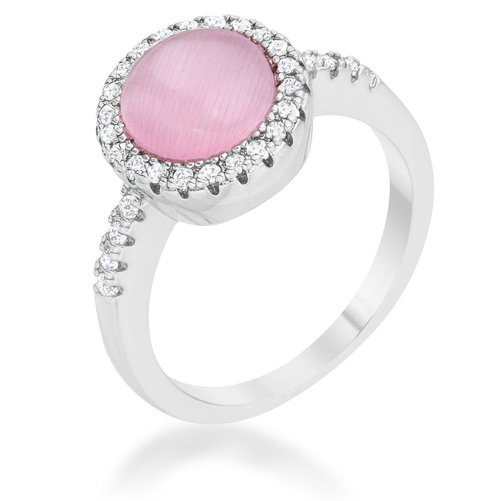 LOVCIA Delicate Rhodium Plated Pink Cat's Eye Ring with Pave Set Stones