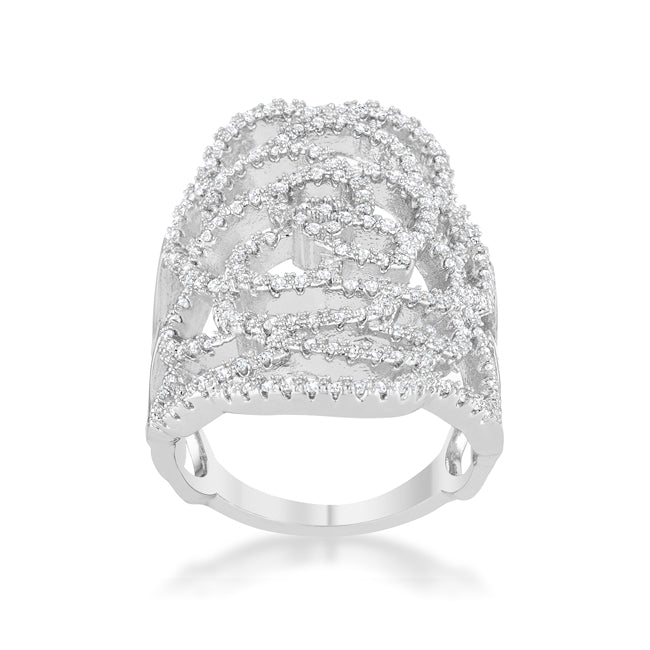 LOVCIA Crystal Cascade 1.25ct CZ Rhodium-Plated Filigree Design Cocktail Ring