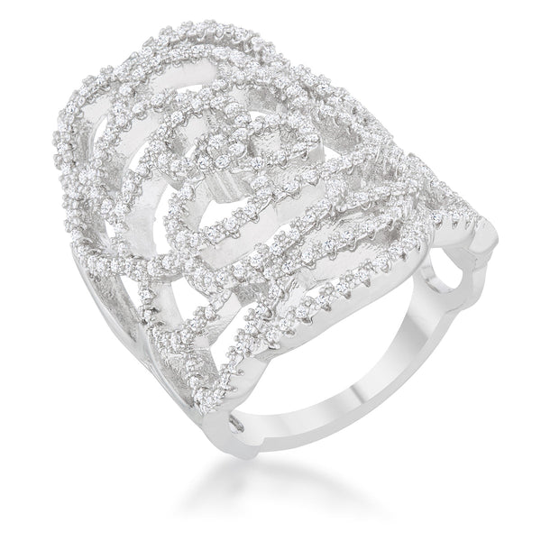 LOVCIA Crystal Cascade 1.25ct CZ Rhodium-Plated Filigree Design Cocktail Ring