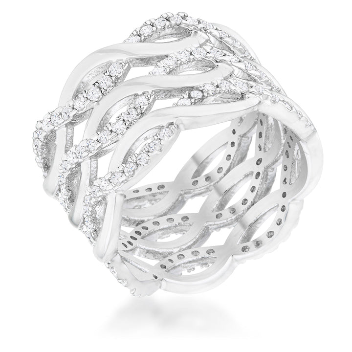 LOVCIA Elegant Rhodium-Plated Wide Twist Cocktail Ring with 0.88ct CZ