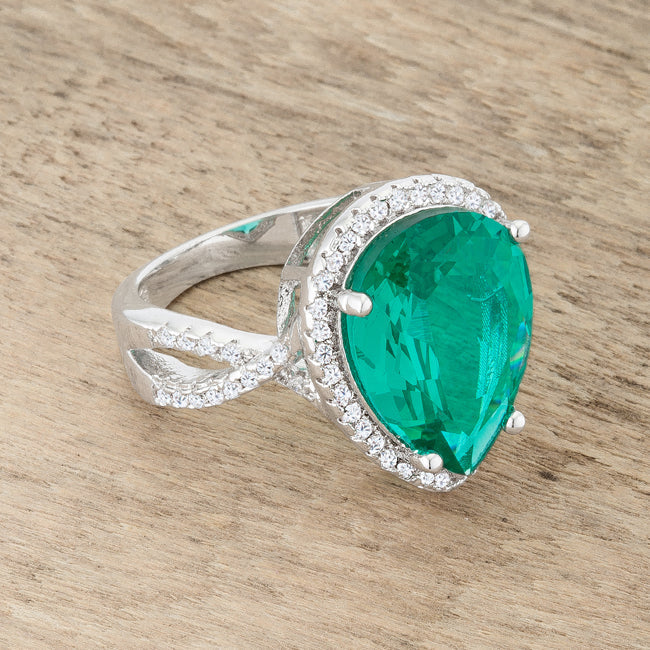 LOVCIA Elegant Laura 9.9ct Blue Green CZ Rhodium Teardrop Cocktail Ring