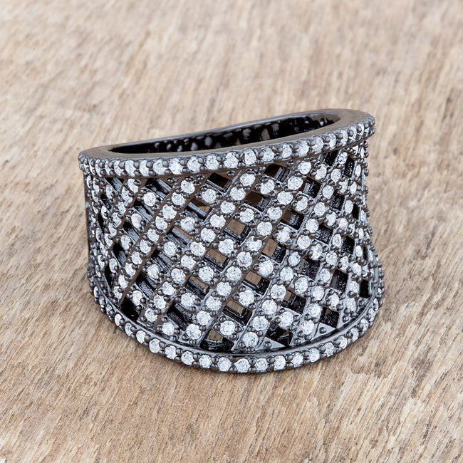 LOVCIA Elegant 1.4ct CZ Hematite Pave-Set Wide Woven Ring