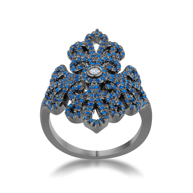 LOVCIA Victorian Filigree Sapphire CZ Hematite Cocktail Ring - 1.23ct