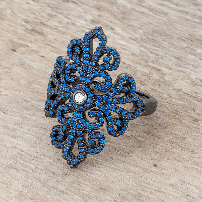 LOVCIA Victorian Filigree Sapphire CZ Hematite Cocktail Ring - 1.23ct