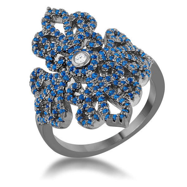 LOVCIA Victorian Filigree Sapphire CZ Hematite Cocktail Ring - 1.23ct