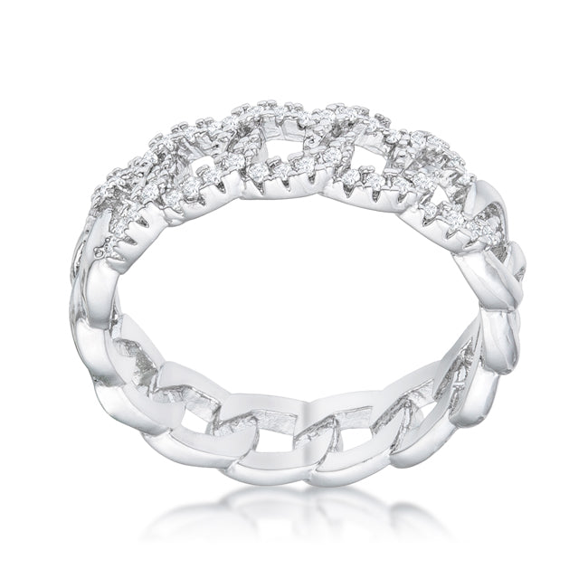 LOVCIA Elegant Rhodium-Plated Chain Ring with Sparkling CZ Stones