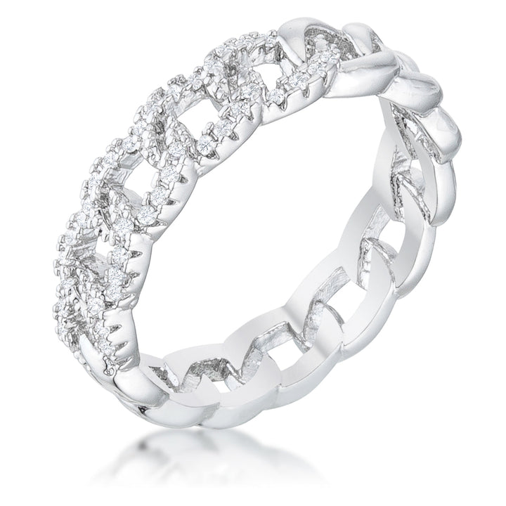 LOVCIA Elegant Rhodium-Plated Chain Ring with Sparkling CZ Stones