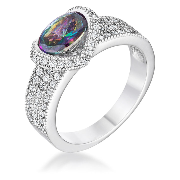 LOVCIA Mystic Rainbow Oval CZ Ring with Rhodium Plating