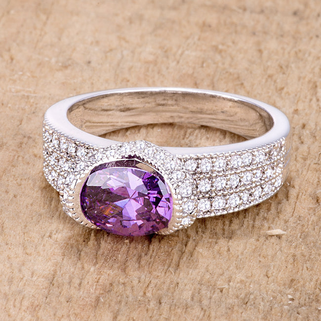 LOVCIA Sparkling Oval Amethyst & Clear CZ Rhodium-Plated Ring