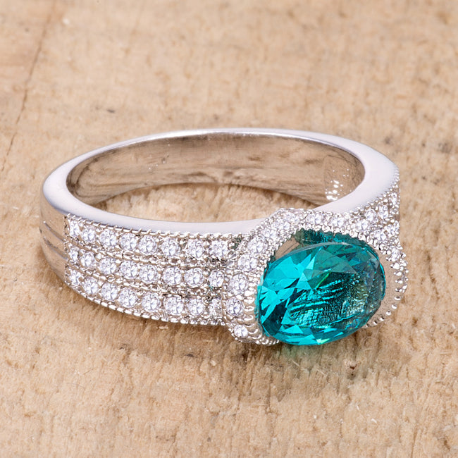 LOVCIA Elegant 1.6 Ct Aqua Oval CZ Ring with Sparkling Accents