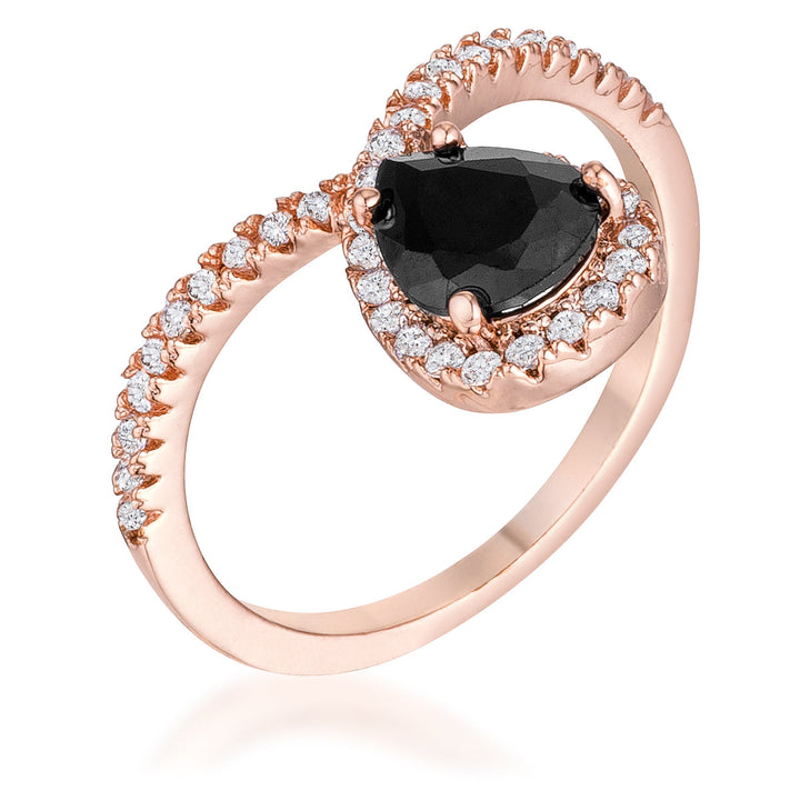 LOVCIA Elegant Rose Goldtone Chevron Ring with Black Onyx CZ Centerpiece