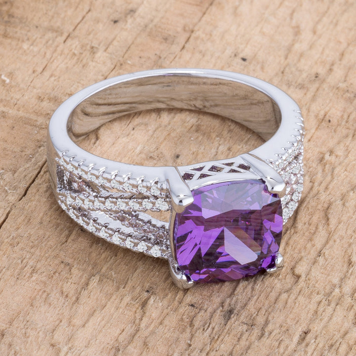 LOVCIA 3Ct Rhodium-Plated Criss-Cross Amethyst Purple CZ Cushion Cut Engagement Ring