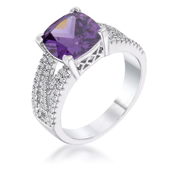 LOVCIA 3Ct Rhodium-Plated Criss-Cross Amethyst Purple CZ Cushion Cut Engagement Ring