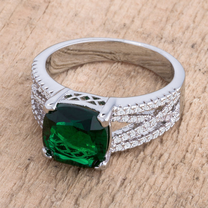 LOVCIA 3Ct Rhodium Plated Criss-Cross Band Emerald Cushion Cut CZ Engagement Ring