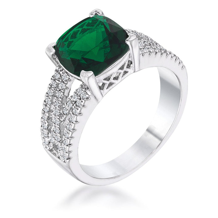 LOVCIA 3Ct Rhodium Plated Criss-Cross Band Emerald Cushion Cut CZ Engagement Ring