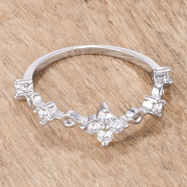 LOVCIA 24Ct Rhodium-Plated Clear CZ Mini Floral Eternity Half Band, Stackable with 2mm Round Stones