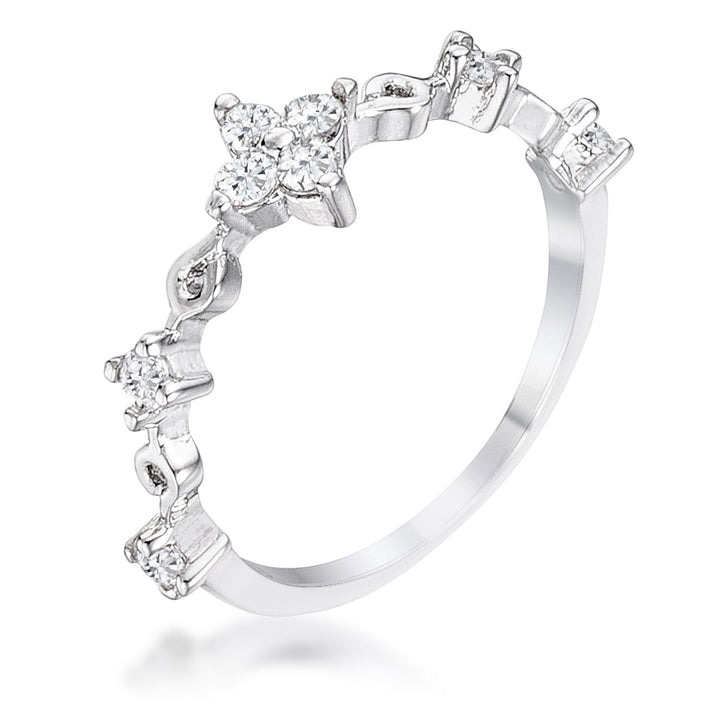 LOVCIA 24Ct Rhodium-Plated Clear CZ Mini Floral Eternity Half Band, Stackable with 2mm Round Stones