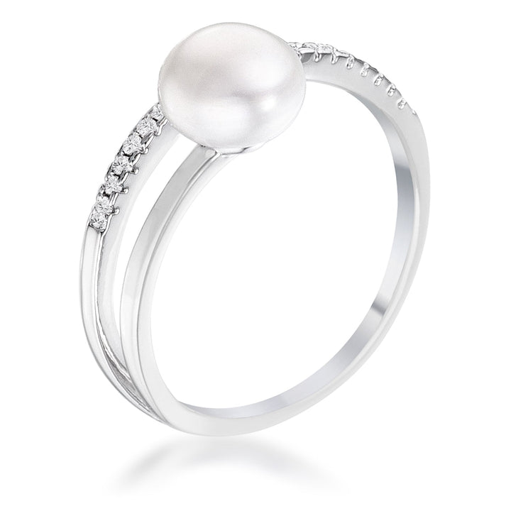 LOVCIA Rhodium Plated Freshwater Pearl Ring with Princess Cut CZ Micro Pave Band .15Ct