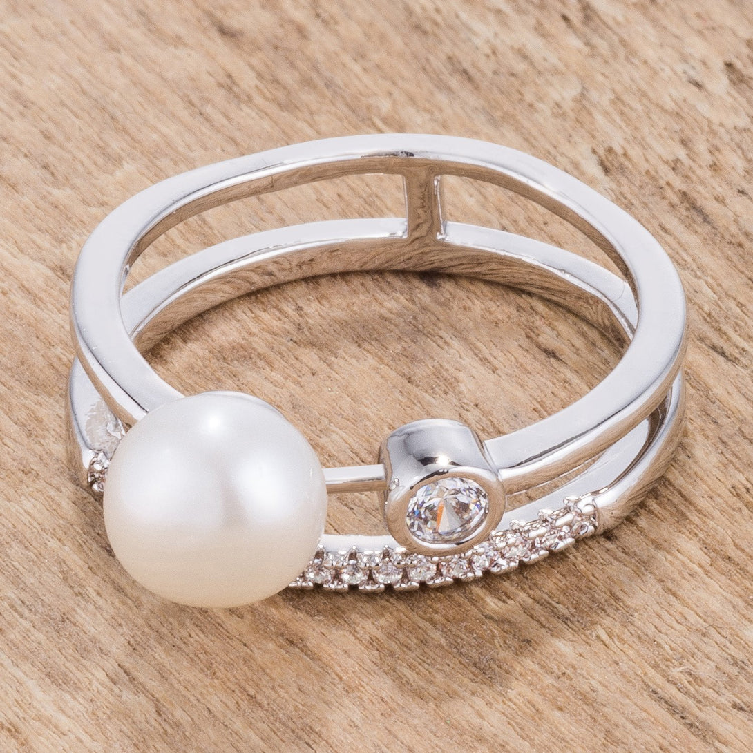 LOVCIA Elegant Rhodium Plated Double Band Ring with .15Ct CZ and Freshwater Pearl