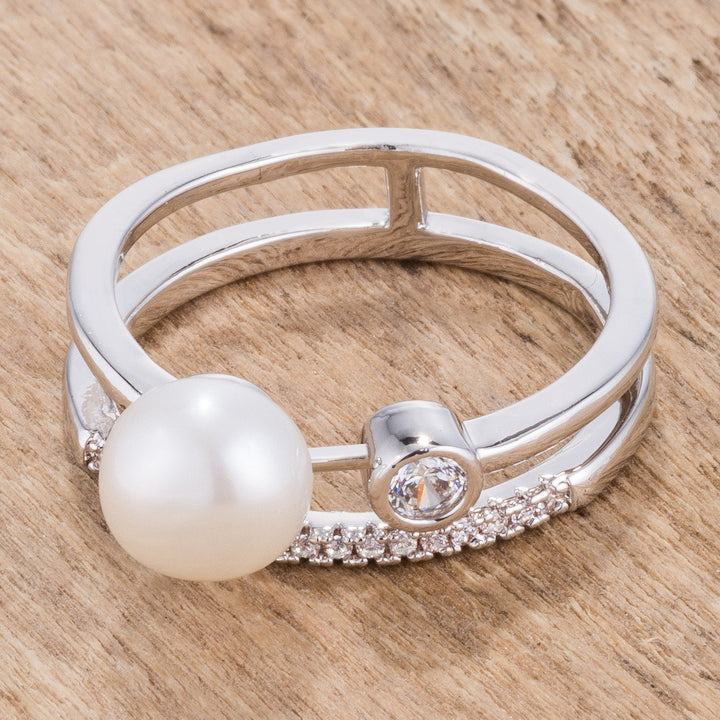 LOVCIA Elegant Rhodium Plated Double Band Ring with .15Ct CZ and Freshwater Pearl