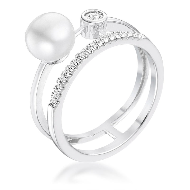 LOVCIA Elegant Rhodium Plated Double Band Ring with .15Ct CZ and Freshwater Pearl