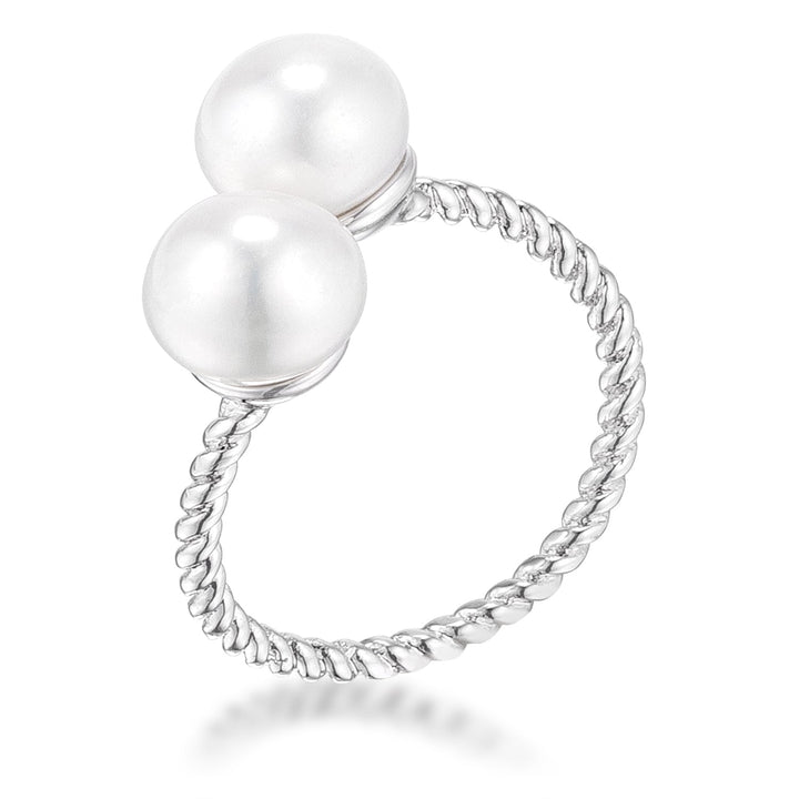 LOVCIA Rhodium Plated Twisted Rope Ring with 8mm Freshwater Pearl