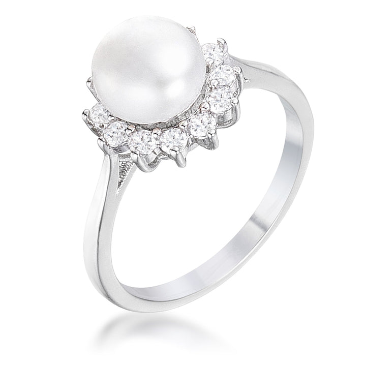 LOVCIA Rhodium Plated Freshwater Pearl and CZ Round Halo Ring - .36Ct