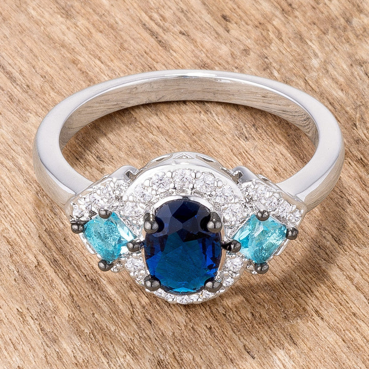 LOVCIA 1.3Ct Rhodium & Hematite Plated Triple Blue CZ Stone Round Cut Engagement Ring