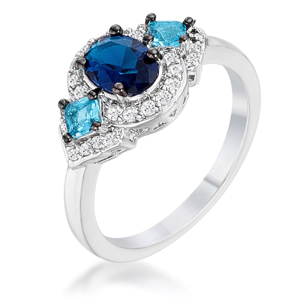 LOVCIA 1.3Ct Rhodium & Hematite Plated Triple Blue CZ Stone Round Cut Engagement Ring