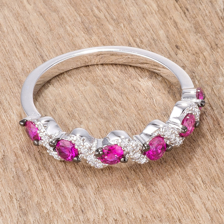 LOVCIA Rhodium and Hematite Plated S-Shaped Fuchsia and Clear CZ Half Eternity Band (.18Ct)