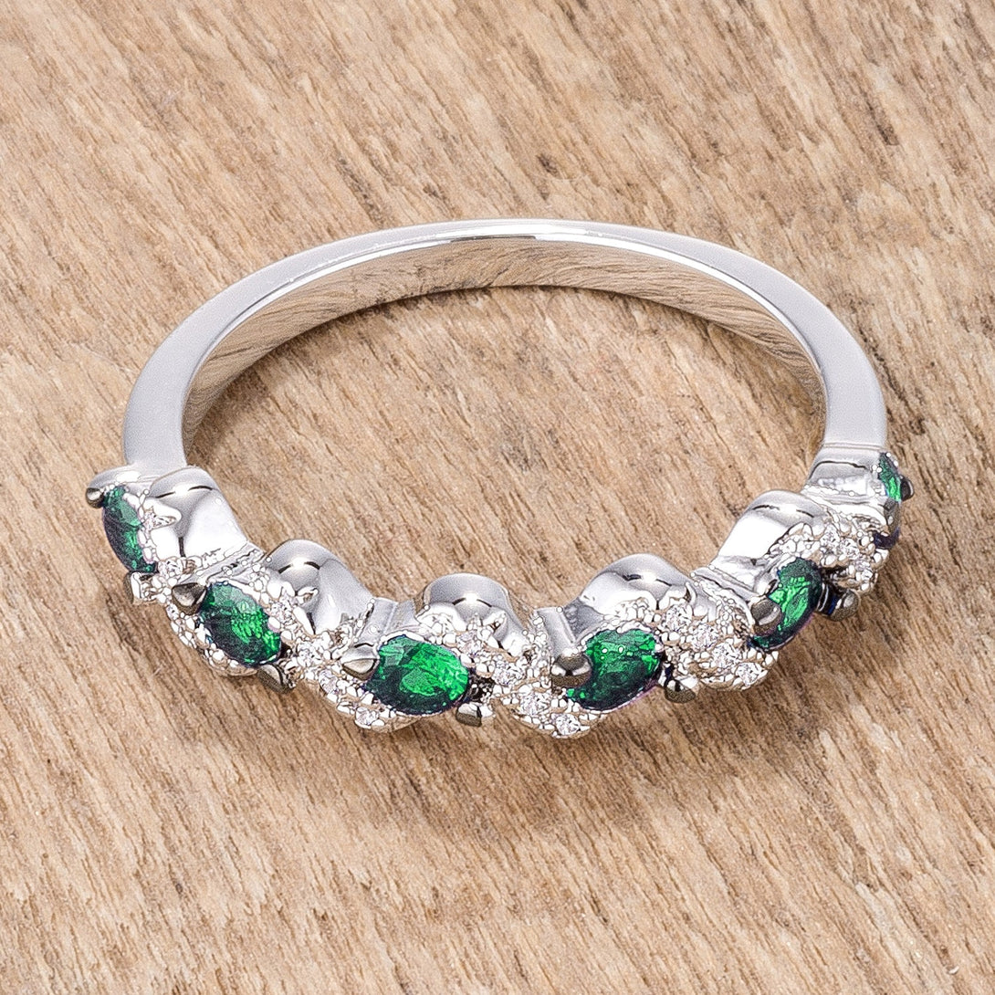 LOVCIA .18Ct Rhodium and Hematite Plated Emerald Green and Clear CZ S Shape Half Eternity Band
