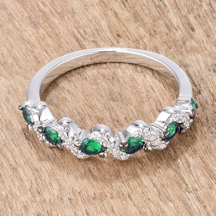 LOVCIA .18Ct Rhodium and Hematite Plated Emerald Green and Clear CZ S Shape Half Eternity Band