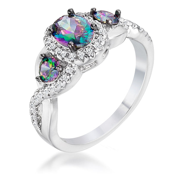 LOVCIA Mystic & Clear CZ Three Stone Ring with 1.43Ct Rhodium & Hematite Plating and Twisted Shank